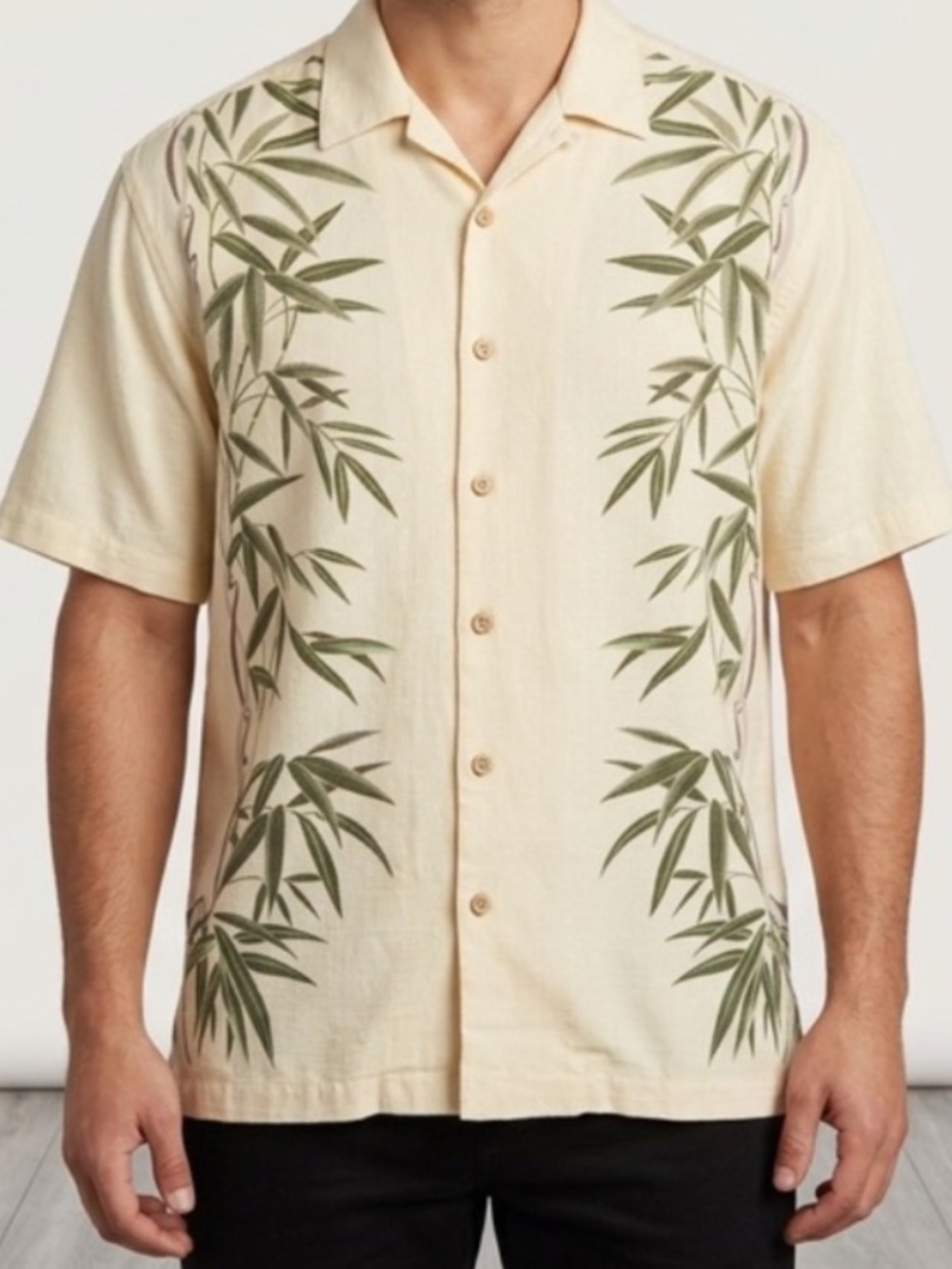 Jamaica Jaxx Cream Short-Sleeve Button-Down with Green Bamboo Print XL
